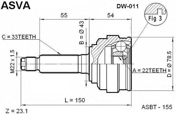 Купить запчасть Asva - DW011 ШРУС внешний DAEWOO/ NUBIRA OPTRA LACETTI/22*52*33 мм
