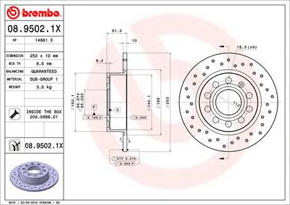 Купить запчасть BREMBO - 08.9502.1X Диск перфорированный Brembo Xtra 08.9502.1X