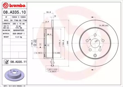 Купить запчасть Brembo - 08A33510 Диск тормозной Standard зад TOYOTA AVENSIS Saloon (_T25_) 1.8 (ZZT251_) 04.2003 - 11.2008 <=> TOYOTA AVENSIS Saloon (_T25_) 2.0 (AZT250_) 04.2003 - 11.2008