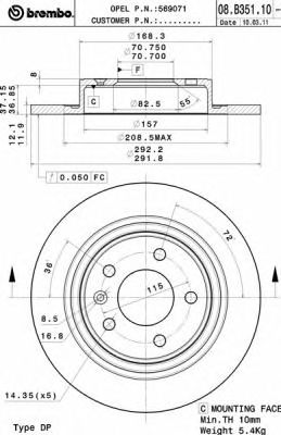 Купить запчасть Brembo - 08B35111 Диск тормозной UV Coated зад CHEVROLET CRUZE (J300) 1.6 05.2009 - <=> CHEVROLET CRUZE (J300) 1.8 05.2009 -