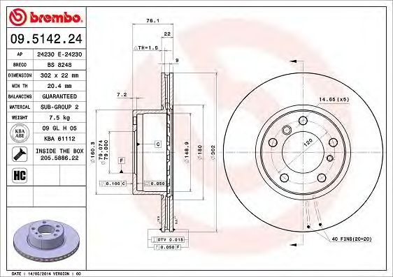 Купить запчасть Brembo - 09514224 Диск тормозной Standard перед BMW 5 (E34) 520 i 24V 09.1989 - 09.1995 <=> BMW 5 (E34) 525 i 24V 09.1989 - 09.1995