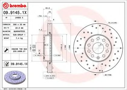 Купить запчасть Brembo - 0991451X Диск тормозной Xtra перед SKODA OCTAVIA III (5E3, NL3, NR3) 1.6 01.2014 -  <=> SKODA OCTAVIA II (1Z3) 1.8 TSI 03.2009 - 06.2013