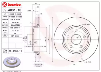Купить запчасть Brembo - 09A03110 Диск тормозной Standard перед JEEP GRAND CHEROKEE III (WH, WK) 3.0 CRD 4x4 06.2005 - 12.2010 <=> JEEP GRAND CHEROKEE III (WH, WK) 3.7 V6 4x4 06.2005 - 12.2010
