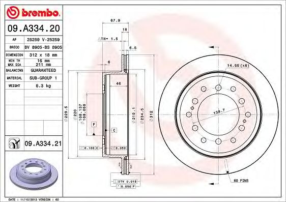 Купить запчасть Brembo - 09A33421 Диск тормозной UV Coated зад TOYOTA LAND CRUISER PRADO (_J15_) 3.0 D-4D (KDJ150_) 08.2009 - <=> TOYOTA LAND CRUISER PRADO (_J15_) 2.8 D-4D (GDJ150_, GDJ155_) 06.2015 -