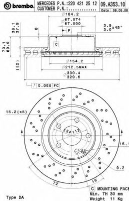 Купить запчасть BREMBO - 09.A353.11 Диск тормозной передний MB W220 98-05 09.A353.11