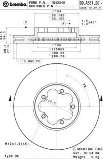 Купить запчасть Brembo - 09A53120 Диск тормозной Standard перед FORD TRANSIT Box (FA_ _) 2.2 TDCi RWD 10.2011 - <=> FORD TRANSIT Bus (FD_ _, FB_ _, FS_ _, FZ_ _, FC_ _) 2.4 TDCi 04.2006 - 08.2014
