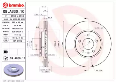 Купить запчасть Brembo - 09A63010 Диск тормозной Standard перед CHEVROLET CAPTIVA (C100, C140) 2.4 06.2006 - <=> CHEVROLET CAPTIVA (C100, C140) 2.4 03.2011 -