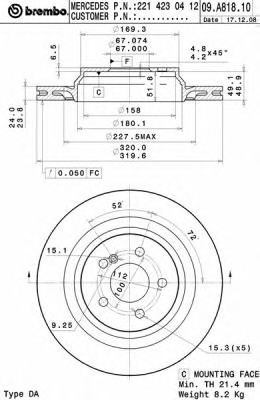 Купить запчасть Brembo - 09A81811 Диск тормозной UV Coated зад MERCEDES-BENZ S-CLASS (W221) S 500 4-matic (221.086, 221.186) 10.2005 - 12.2013 <=> MERCEDES-BENZ S-CLASS (W221) S 350 (221.056, 221.156) 10.2005 - 12.2013