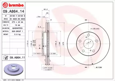 Купить запчасть Brembo - 09A86414 Диск тормозной Standard перед TOYOTA COROLLA Saloon (_E15_) 1.6 Dual VVTi (ZRE141) 01.2007 - <=> TOYOTA AURIS (_E15_) 1.6 (ZRE151_) 03.2007 - 09.2012