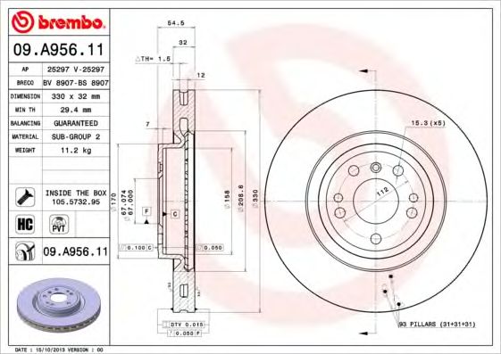 Купить запчасть BREMBO - 09.A956.11 Диск тормозной 09.A956.11