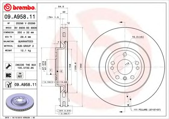 Купить запчасть BREMBO - 09.A958.11 Диск тормозной 09.A958.11