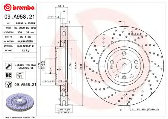 Купить запчасть Brembo - 09A95821 Диск тормозной UV Coated перед MERCEDES-BENZ M-CLASS (W166) ML 350 BlueTEC 4-matic (166.024) 06.2011 - 02.2015 <=> MERCEDES-BENZ M-CLASS (W166) ML 350 4-matic (166.057) 06.2011 - 12.2015