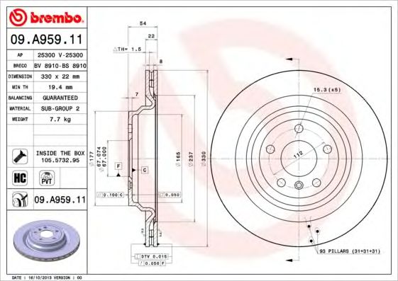 Купить запчасть Brembo - 09A95911 Диск тормозной UV Coated зад MERCEDES-BENZ M-CLASS (W166) ML 350 BlueTEC 4-matic (166.024) 06.2011 - 02.2015 <=> MERCEDES-BENZ M-CLASS (W166) ML 350 4-matic (166.057) 06.2011 - 12.2015