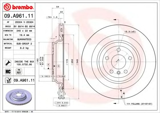 Купить запчасть Brembo - 09A96111 Диск тормозной UV Coated зад MERCEDES-BENZ M-CLASS (W166) ML 350 BlueTEC 4-matic (166.024) 06.2011 - 02.2015 <=> MERCEDES-BENZ M-CLASS (W166) ML 350 4-matic (166.057) 06.2011 - 12.2015