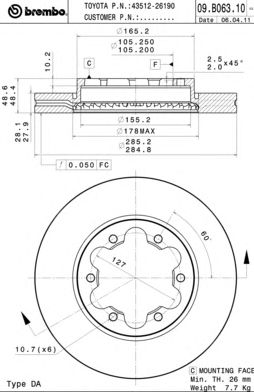 Купить запчасть BREMBO - 09.B063.10 Диск тормозной 09.B063.10