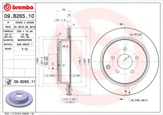 Купить запчасть BREMBO - 09.B265.11 Диск тормозной 09.B265.11