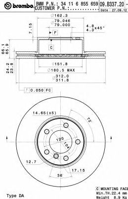 Купить запчасть BREMBO - 09.B337.21 Диск тормозной 09.B337.21