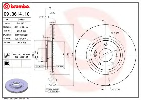 Купить запчасть Brembo - 09B61410 Диск тормозной Standard перед KIA SORENTO II (XM) 2.4 CVVT 11.2009 -  <=> HYUNDAI SANTA FE II (CM) 2.4 4x4 07.2010 - 12.2012