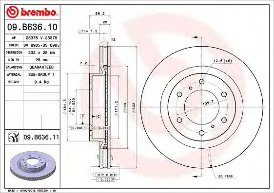 Купить запчасть Brembo - 09B63611 Диск тормозной UV Coated перед MITSUBISHI PAJERO IV (V8_W, V9_W) 3.0 4WD 02.2007 -  <=> MITSUBISHI PAJERO IV (V8_W, V9_W) 3.8 V6 (V87W, V97W) 02.2007 - 