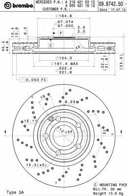 Купить запчасть BREMBO - 09.B742.51 Диск тормозной перфорированный 09.B742.51