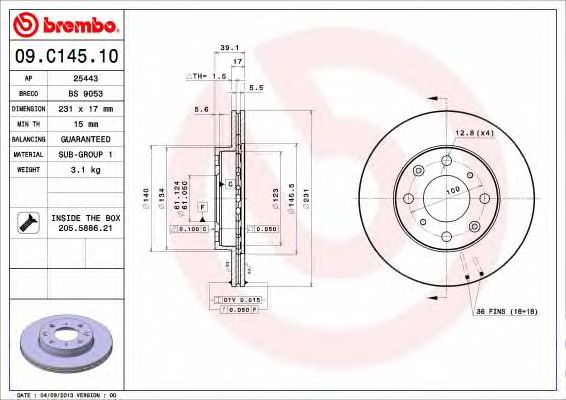 Купить запчасть Brembo - 09C14510 Диск тормозной Standard перед HONDA JAZZ II (GD_, GE3, GE2) 1.3 (GD1) 03.2002 - 07.2008 <=> HONDA JAZZ III (GE_, GG_, GP_) 1.3 i 07.2008 - 