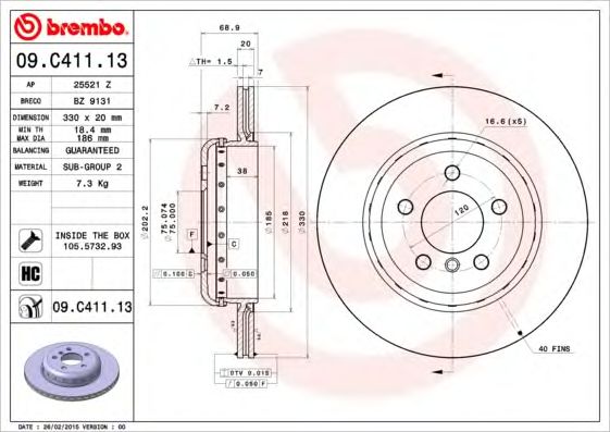 Купить запчасть BREMBO - 09.C411.13 Диск тормозной 09.C411.13
