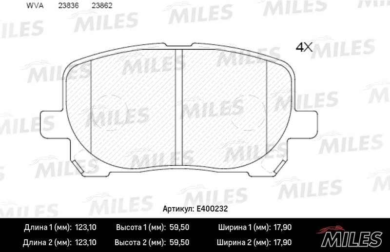 Купить запчасть MILES - E400232 Колодки тормозные передние (без датчика) (Смесь Low-Metallic) (TOYOTA AVENSIS VERSO 2.0/2.0D 01-) (TRW GDB3315) E400232