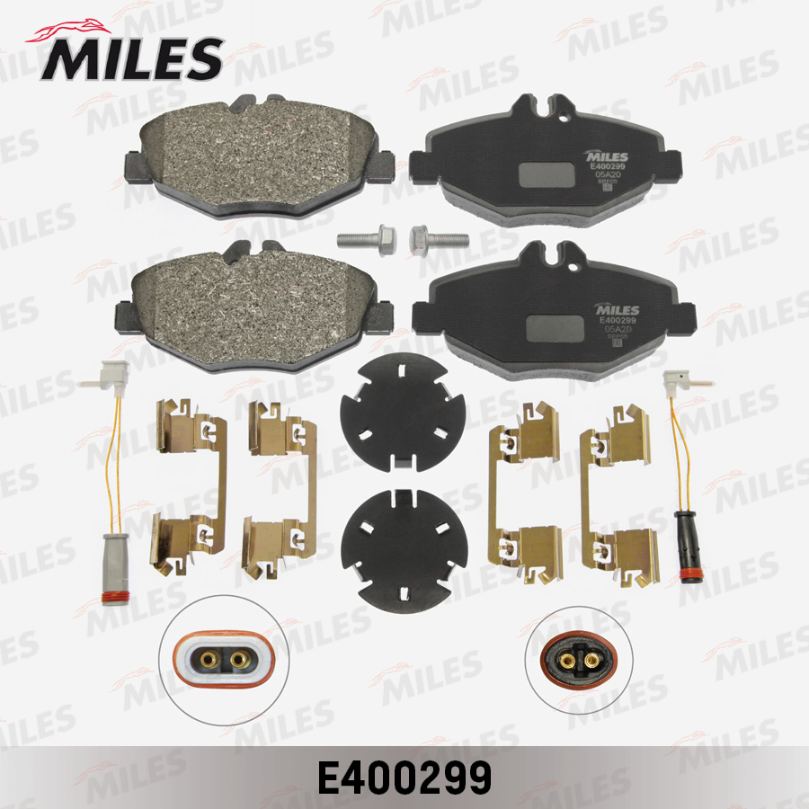 Купить запчасть MILES - E400299 Колодки тормозные передние (с датчиком + болты) (Смесь Low-Metallic) (MB W211 02) (TRW GDB1542) E400299