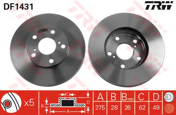 Купить запчасть TRW - DF1431 Диск тормозной перед TOYOTA CAMRY Saloon (_V3_) 2.4 (ACV30_, ACV36) 11.2001 - 11.2006 <=> TOYOTA CAMRY (_V2_) 2.2 (SXV20_) 08.1996 - 11.2001