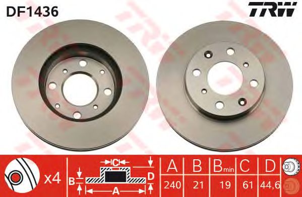 Купить запчасть TRW - DF1436 Диск тормозной перед HONDA CIVIC VI Fastback (MA, MB) 1.4 i (MA8, MB2) 06.1995 - 02.2001 <=> HONDA CIVIC V Saloon (EG, EH) 1.5 i 16V (EG8) 10.1991 - 11.1995