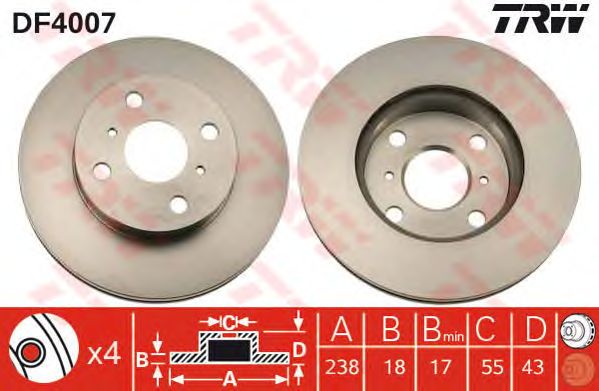 Купить запчасть TRW - DF4007 Диск тормозной перед TOYOTA Paseo,Starlet (EP91),TercelTOYOTA PASEO 1995 - 1999, STARLET 1989 - 1999, TERCEL 1992 - 1999