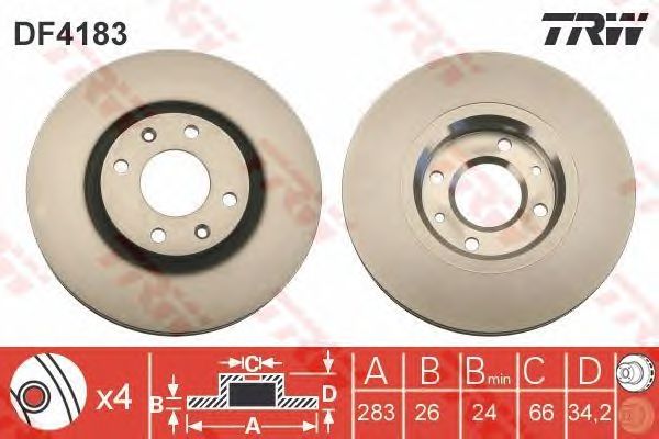 Купить запчасть TRW - DF4183 Диск тормозной передний CITROEN C4 I-II, PEUGEOT 207, 307, 308 DF4183