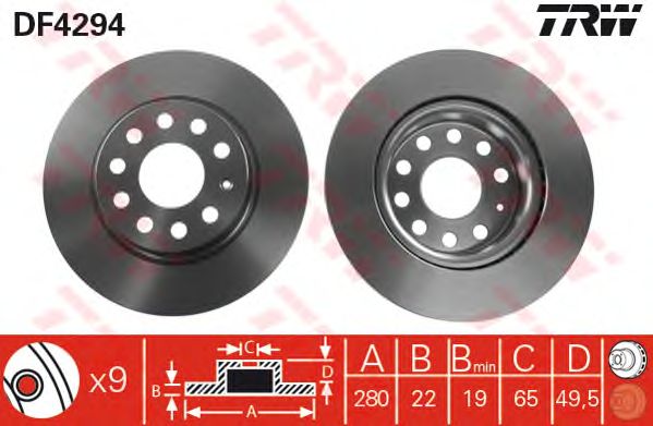Купить запчасть TRW - DF4294 Диск тормозной передний SKODA OCTAVIA (1Z_), VW GOLF V-VI, JETTA III DF4294