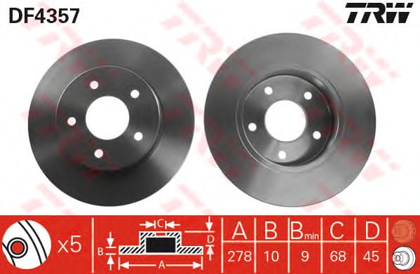 Купить запчасть TRW - DF4357 Диск тормозной зад NISSAN ALMERA TINO 2000 >>, PRIMERA 2000 >>NISSAN ALMERA TINO 2000 >>, PRIMERA 2000 >>