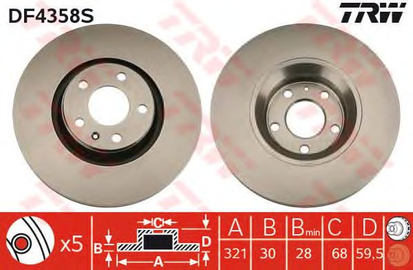 Купить запчасть TRW - DF4358S Диск тормозной перед AUDI A6 (4F2, C6) 2.4 05.2004 - 10.2008 <=> AUDI A6 (4F2, C6) 3.0 quattro 05.2004 - 05.2006