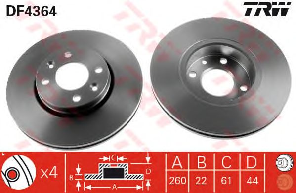 Купить запчасть TRW - DF4364 Диск тормозной передний NISSAN MICRA K12, NOTE E11, RENAULT CLIO III, MEGANE II DF4364