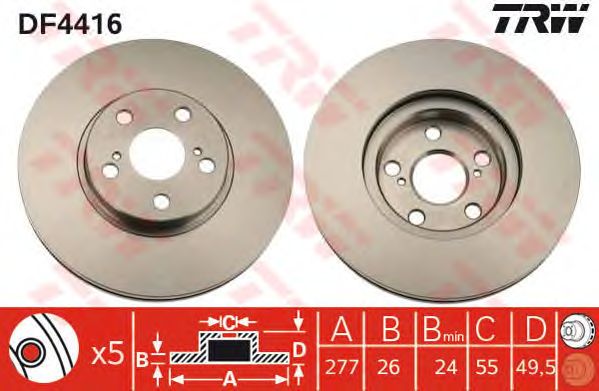 Купить запчасть TRW - DF4416 Диск тормозной перед TOYOTA AVENSIS Saloon (_T25_) 1.8 (ZZT251_) 04.2003 - 11.2008 <=> TOYOTA AVENSIS Saloon (_T25_) 2.4 (AZT251_) 10.2003 - 11.2008