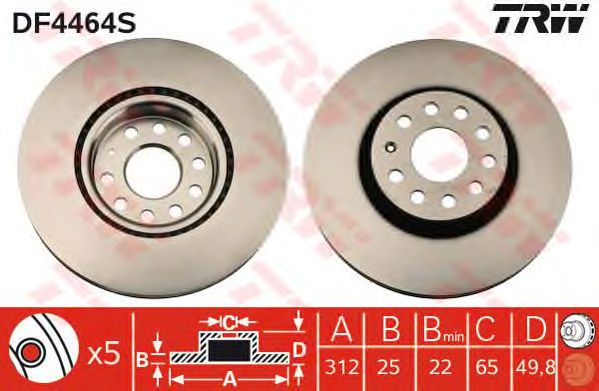 Купить запчасть TRW - DF4464S Диск тормозной передний VW PASSAT (3C_, 36_), SKODA OCTAVIA (5E_) DF4464S