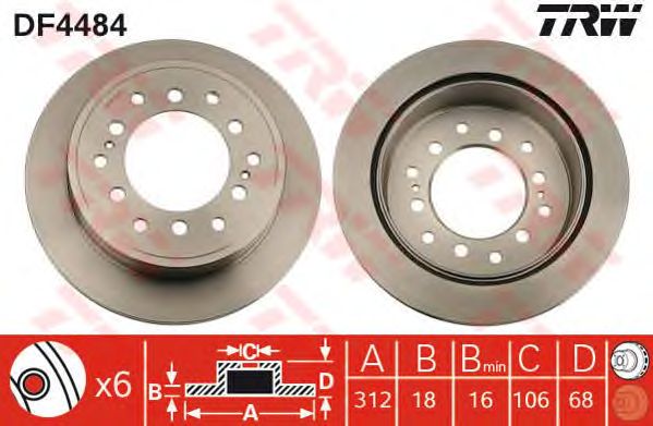 Купить запчасть TRW - DF4484 Диск тормозной зад TOYOTA LAND CRUISER PRADO (_J12_) 4.0 (GRJ120_) 12.2002 - 12.2009 <=> TOYOTA LAND CRUISER PRADO (_J12_) 2.7 (TRJ12) 11.2003 - 07.2009