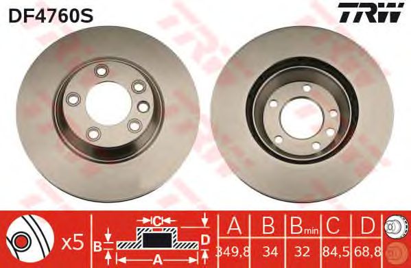 Купить запчасть TRW - DF4760S Диск тормозной передн правый AUDI Q7 (4L_), VW TOUAREG (7L_) DF4760S