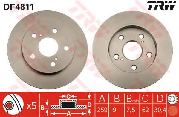 Купить запчасть TRW - DF4811 Диск тормозной зад TOYOTA AURIS 2007 >>, COROLLA 2002 >>TOYOTA AURIS 2007 >>, COROLLA 2002 >>