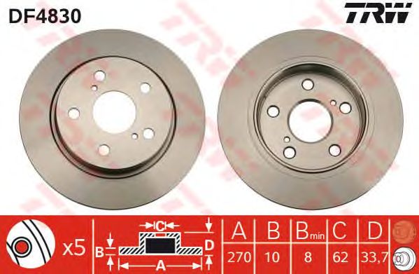 Купить запчасть TRW - DF4830 Диск тормозной зад TOYOTA AURIS (_E15_) 1.6 (ZRE151_) 03.2007 - 09.2012 <=> TOYOTA AURIS (_E15_) 1.4 (ZZE150_) 03.2007 - 09.2012