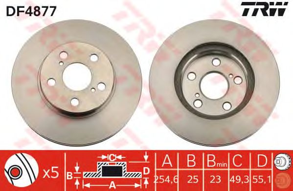 Купить запчасть TRW - DF4877 Диск тормозной перед TOYOTA CARINA E Saloon (_T19_) 1.6 (AT190) 01.1993 - 09.1997 <=> TOYOTA CARINA E Saloon (_T19_) 1.6 (AT190) 01.1995 - 09.1997