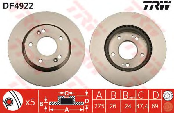 Купить запчасть TRW - DF4922 Диск тормозной передний HYUNDAI ELANTRA 06-11 (275мм) DF4922