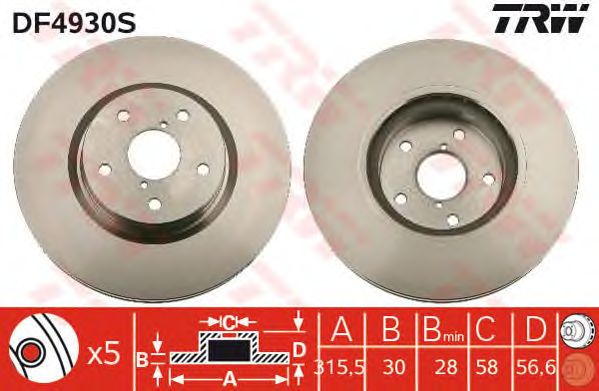 Купить запчасть TRW - DF4930S Диск тормозной перед SUBARU TRIBECA (B9) 3.6 09.2007 -  <=> SUBARU TRIBECA (B9) 3.0 10.2006 - 