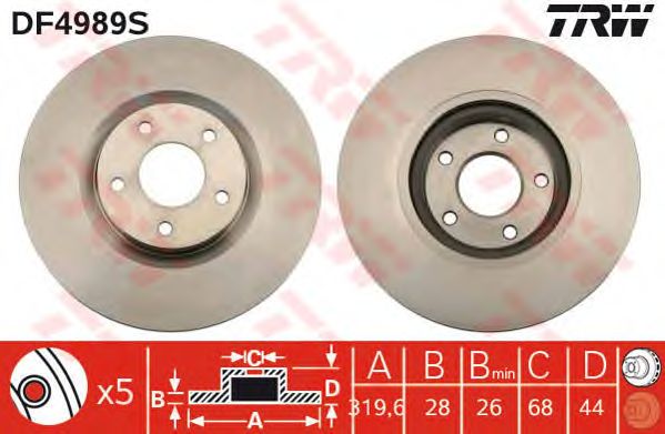 Купить запчасть TRW - DF4989S Диск тормозной перед NISSAN QASHQAI / QASHQAI +2 I (J10, JJ10) 2.0 All-wheel Drive 02.2007 - 12.2013 <=> RENAULT KOLEOS I (HY_) 2.5 4x4 (HY0C, HY0N) 09.2008 - 