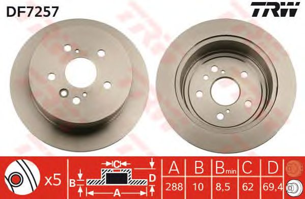 Купить запчасть TRW - DF7257 Диск тормозной зад LEXUS RX300 05/03->/ RX350 02/06->/ 400h 09/04->/ TOYOTA HARRIER 2000 >>TOYOTA HARRIER 2000 >>