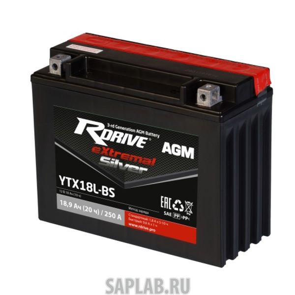 Купить запчасть  RDRIVE - RDRIVEYTX18LBS Аккумулятор RDRIVE-YTX18L-BS 12В 21Ач 250CCA 205x87x162 мм Обратная (-+)