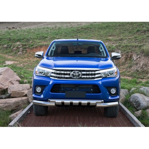 Купить запчасть RIVAL - R5716003 Защита переднего бампера Rival, d76+d57, Toyota Hilux V - все, 2015-, крепеж в комплекте, нержавеющая сталь, (С профильной защитой картера)